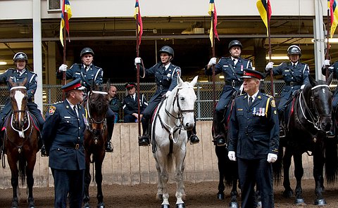 Officers on horses as the chief waits in front of them.