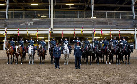 12 officers on horses, with two chief's of police standing in front.