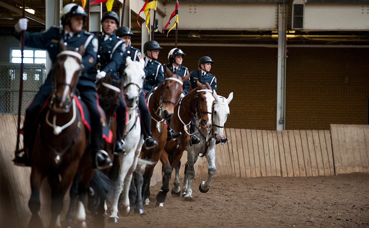 Police officers in dress and mounted unit uniforms on horses.
