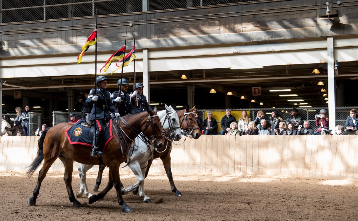 Three uniformed officers on horses