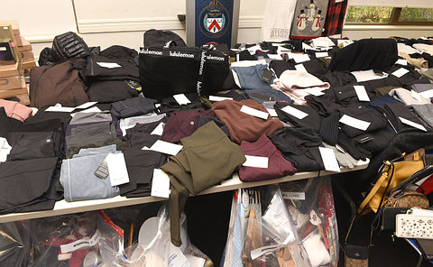 Clothing and other items on tables